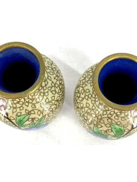 Cloisonne Mini Vases Gold Toned Asian Enamel Vases Floral 4" Tall Vtg Mini - Picture 7 of 8